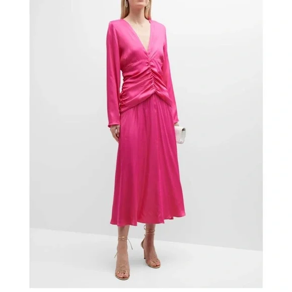 Farm Rio Long-Sleeve Ruched-Waist Midi Dress, Pink, Women's, S, Cocktail & Party Wedding Guest Dresses Long-Sleeve Dresses